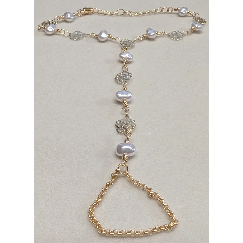 New Hand Slave Bracelet Ring 14K GP Gold PLated Faux Pearl Rose Filigree‎ Boho